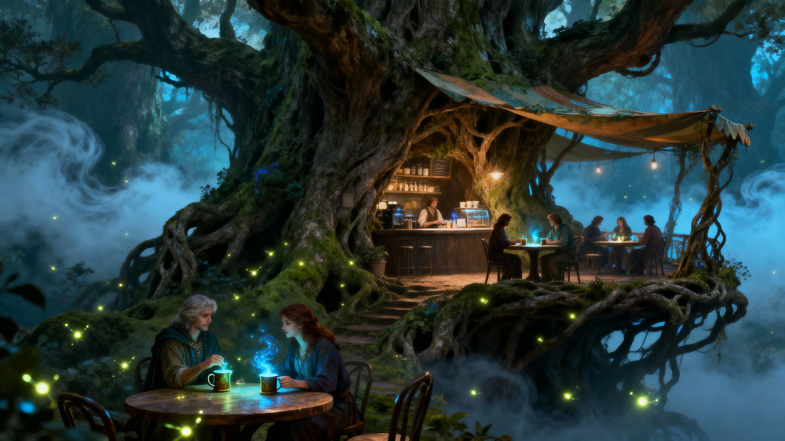 Enchanted Tree Cafe in Misty Forest