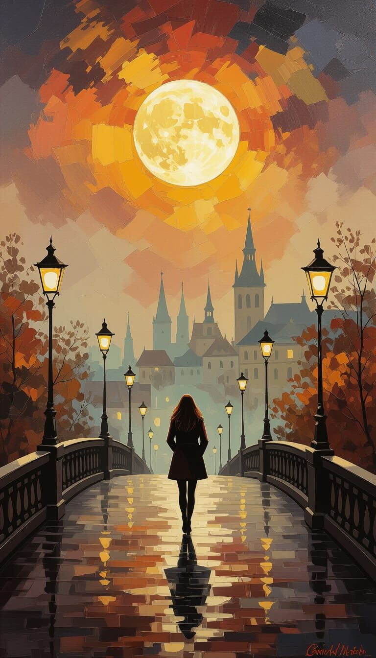 Misty Autumn Bridge Walk Under Moonlight, Impasto Style