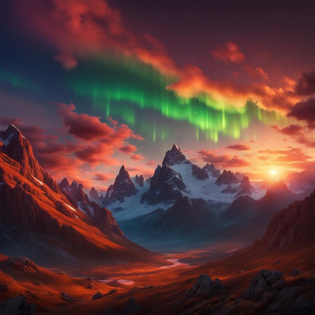 Vibrant Sunset and Aurora Borealis Over Mountains