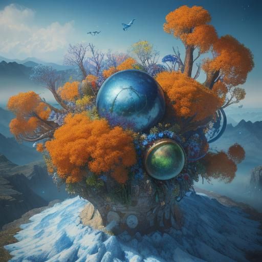 Magic Travelers in Extravagant Landscape, Oil Painting Style