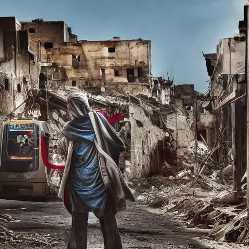Woman with Palestinian Flag in War-Torn City