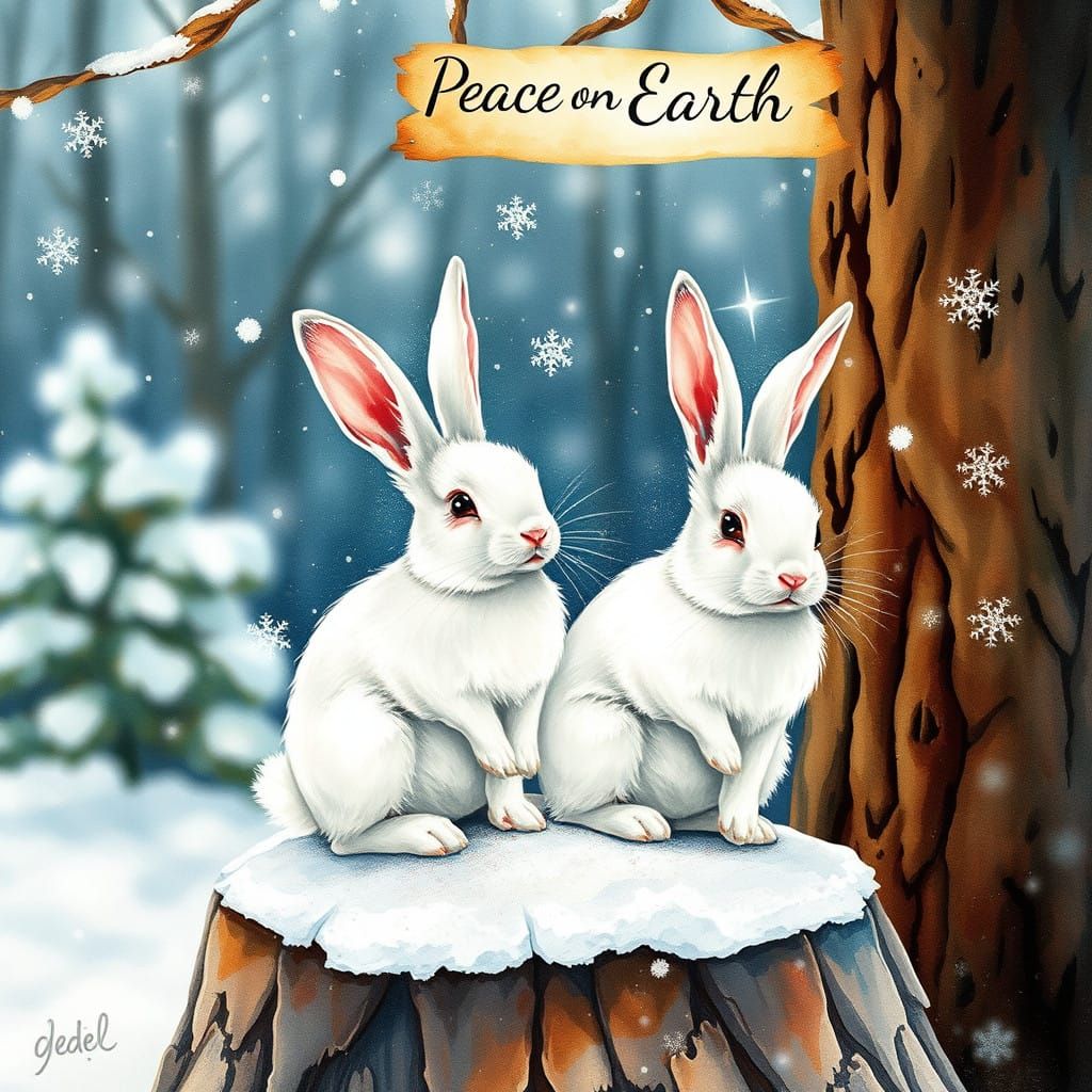 Peaceful White Bunnies on a Snowy Stump in Watercolor Style