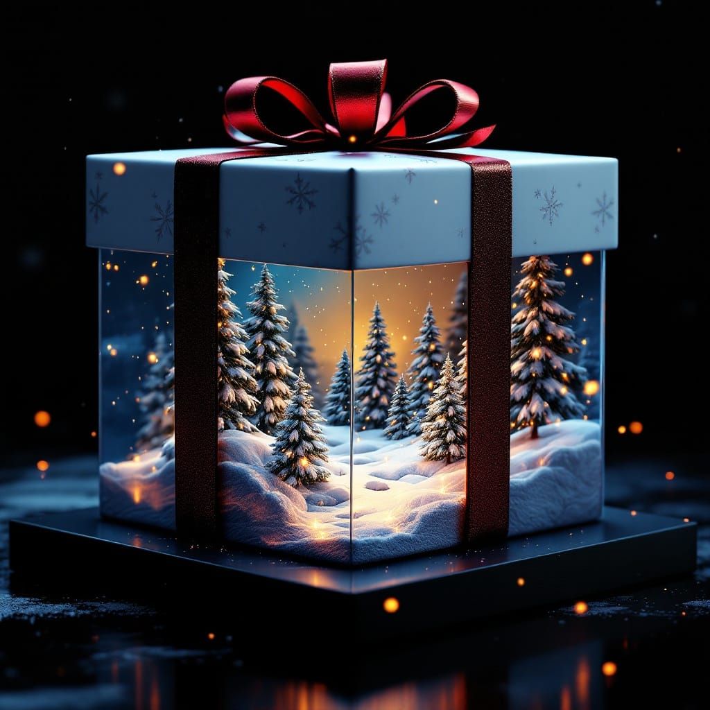 Whimsical Winter Gift Box in Festive Holiday Scene