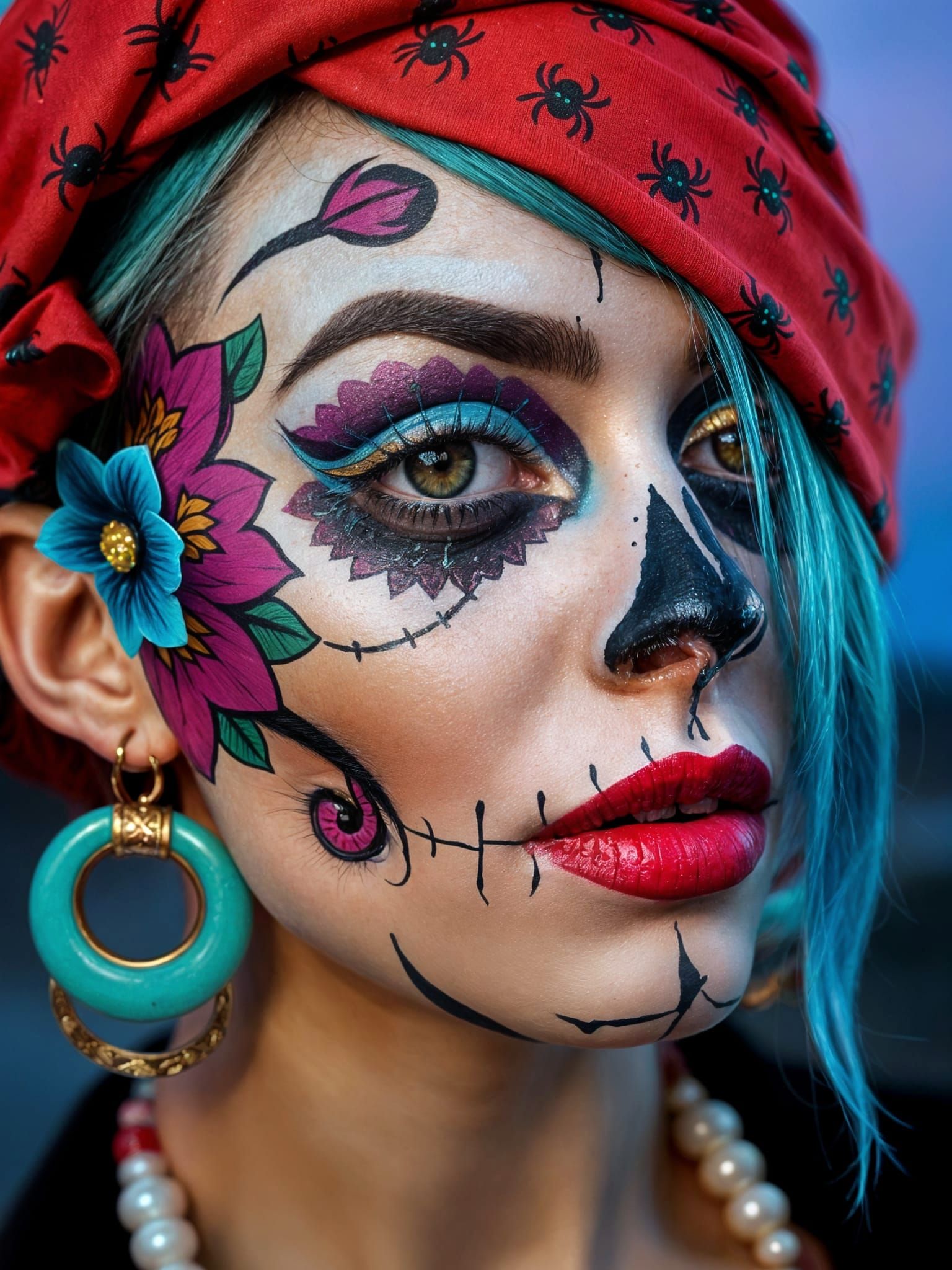 Woman with Vibrant Sugar Skull Makeup and Floral Accents