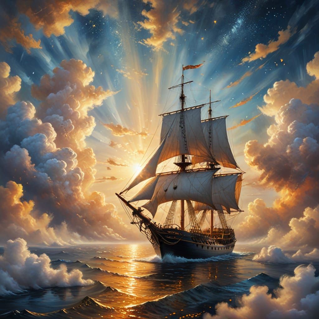 Sailship Glides to Cloud City: Impasto Fantasy Painting