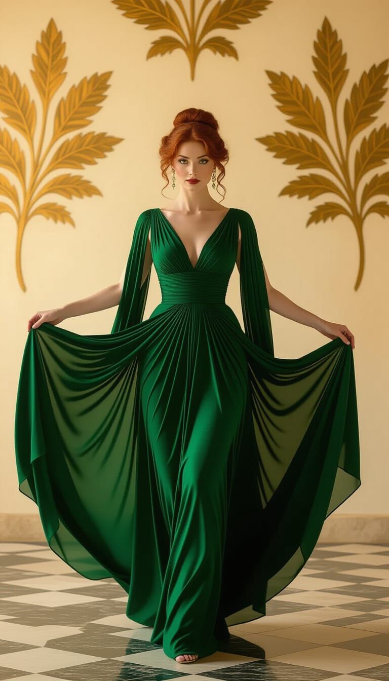 Majestic Woman in Emerald Gown, Baroque Art Style