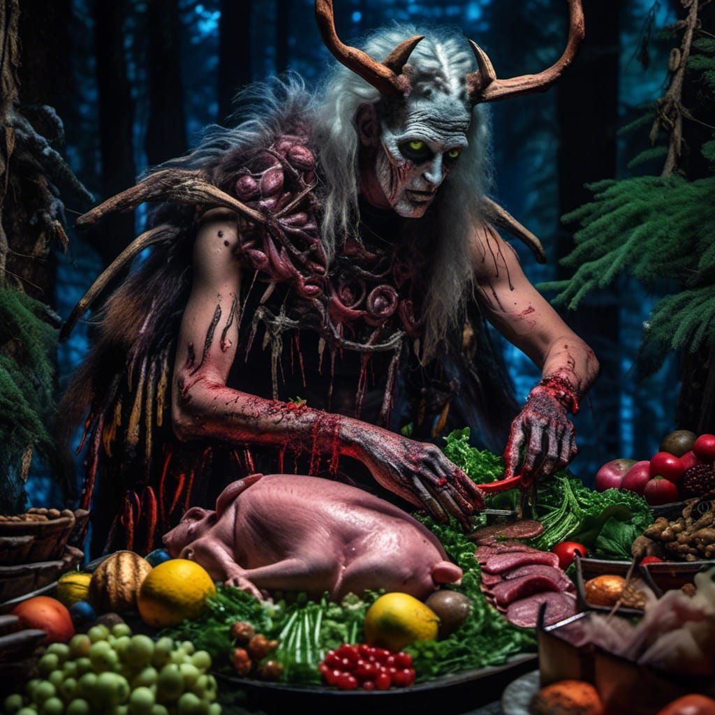 Wendigo Cryptid and Zombie Pet Prepare Salad