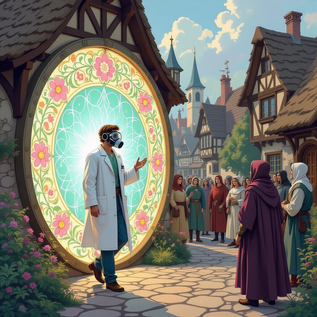 Scientist Enters Medieval Village Through Art Nouveau Portal