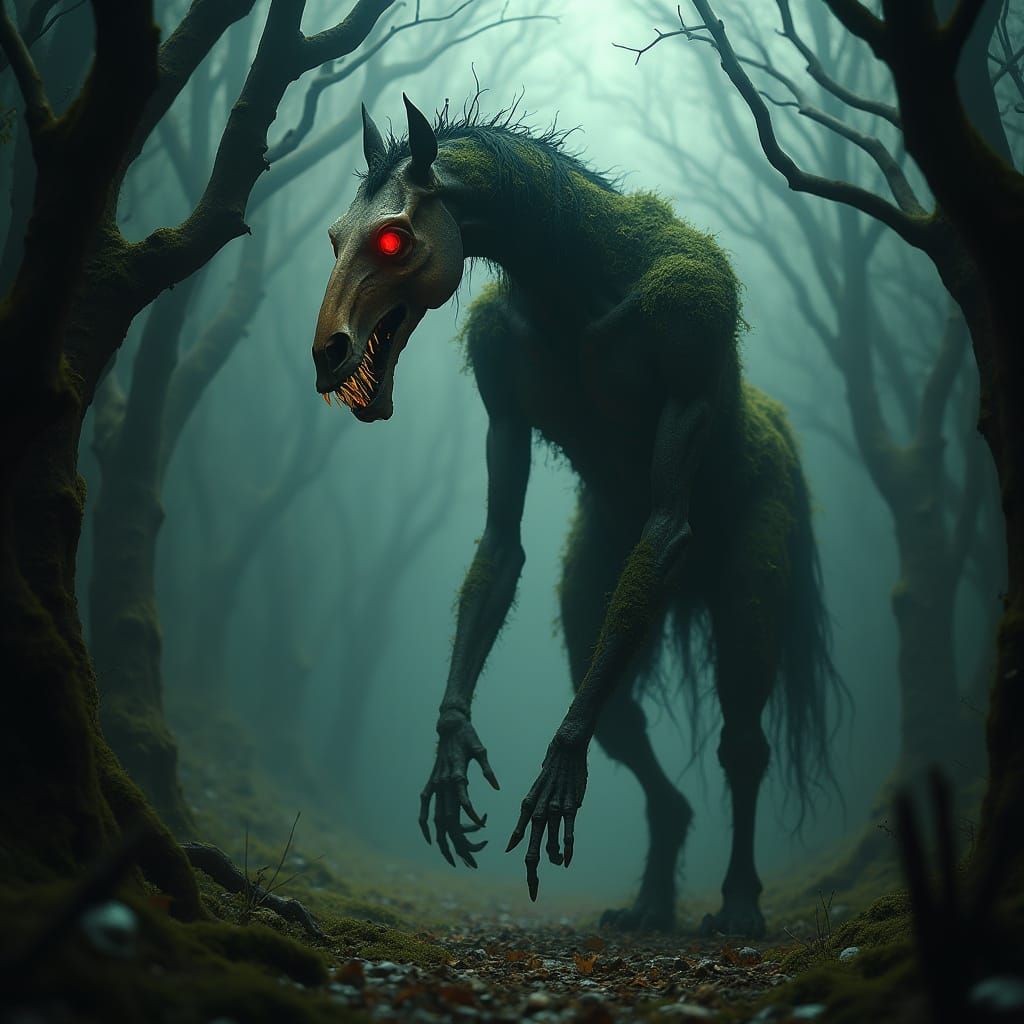 Terrifying Horse Demon in Dark Gothic Forest