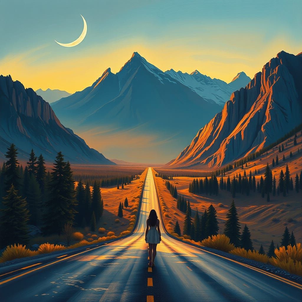 Twilight Highway Landscape in Neo-Impressionist Style