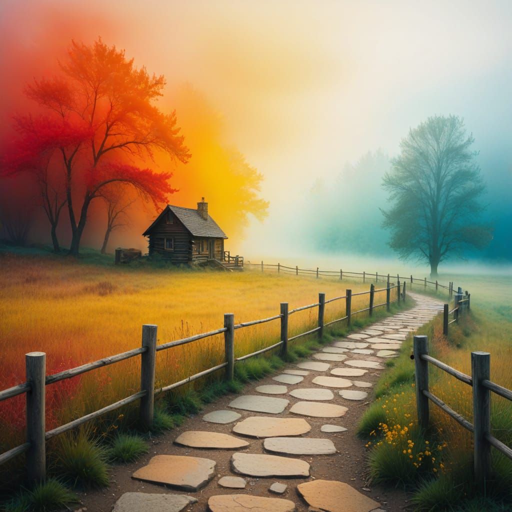Misty Pathway to a Weathered Cabin in a Dreamy Landscape