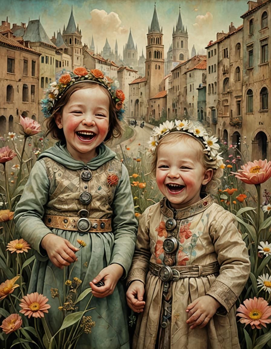 Joyful Toddlers with Flowers in Surreal Cityscape