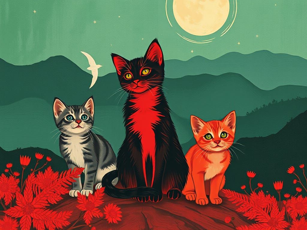 Kittens Rise Amid Dreary Panorama in Abstract Woodcut Style