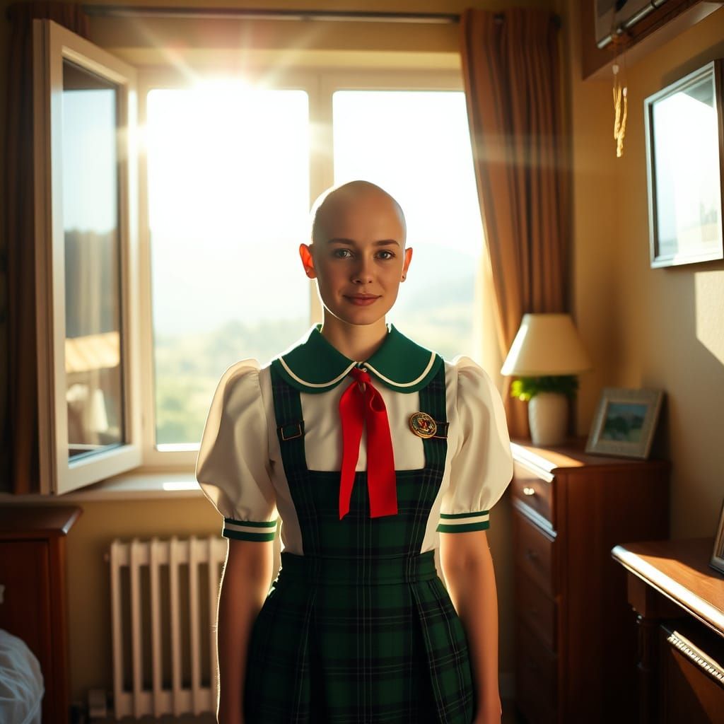 Bald Woman in Green School Uniform: Cinematic Portrait