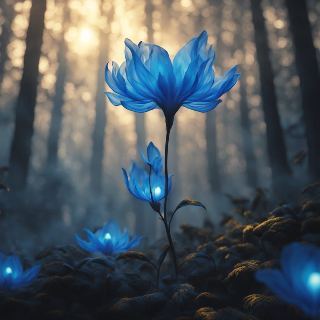 Glowing Blue Flower in Mystical Forest: Surreal Oil Painting