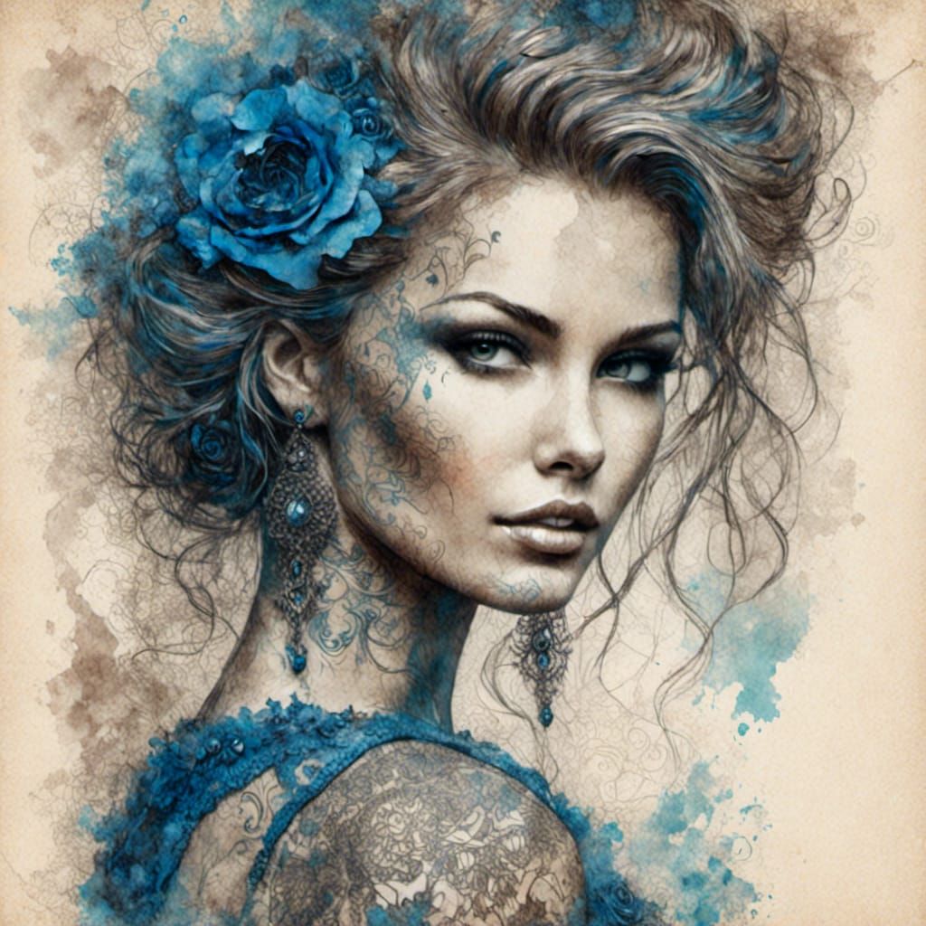 Beautiful Woman in Sapphire Lace: Gritty Watercolor Illustra...