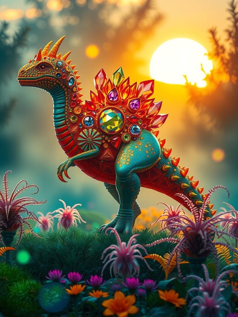 Regal Gemstone Dinosaur in Vibrant Fantasy Meadow