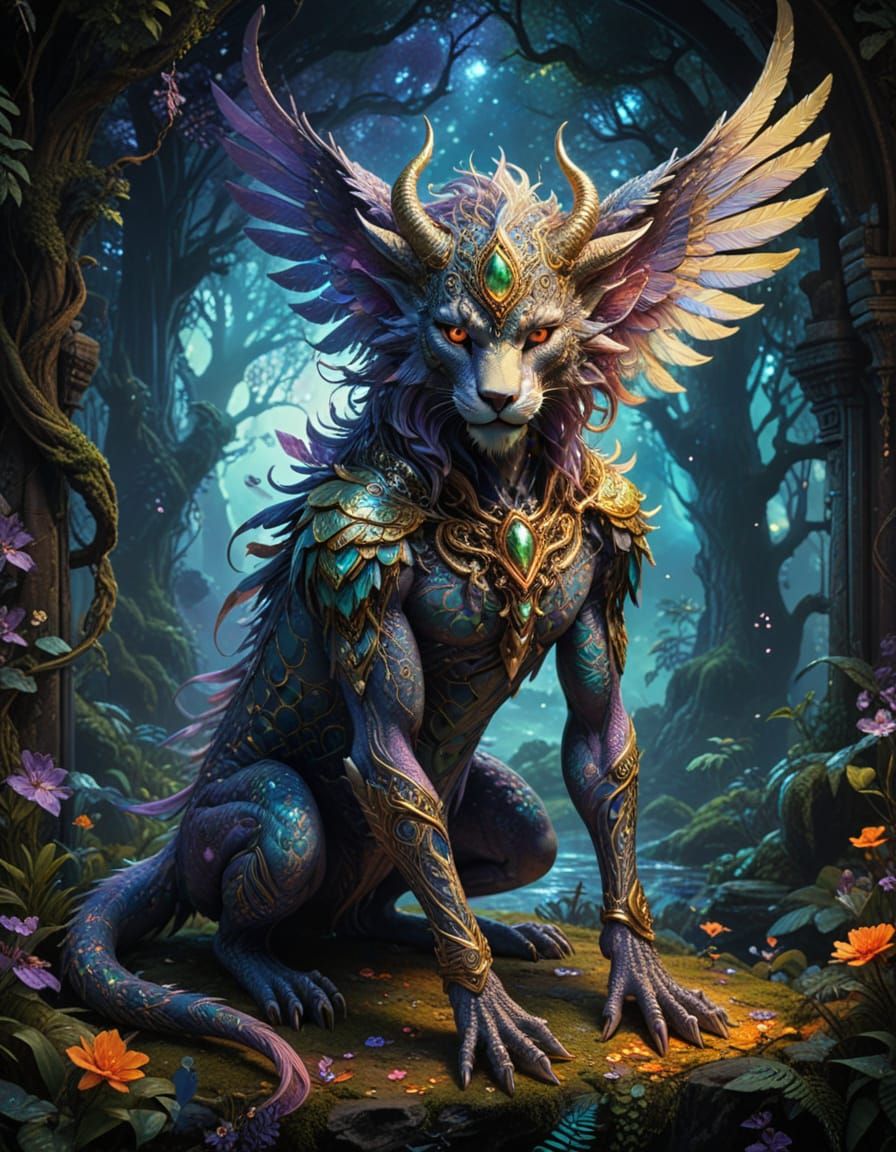 Elegant Fantasy Hybrid in Golden Pointillism