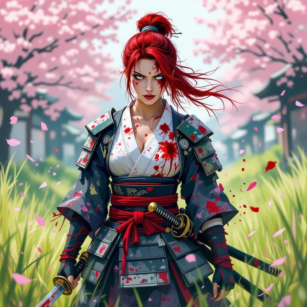Furious Samurai Woman in Graffiti Street Art Style