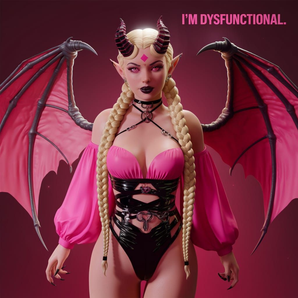 Striking Demon Woman with Pink and Black Outfit