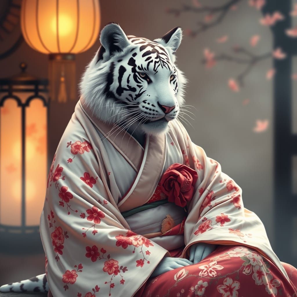 White Tiger Geisha Goddess in Silk Kimono