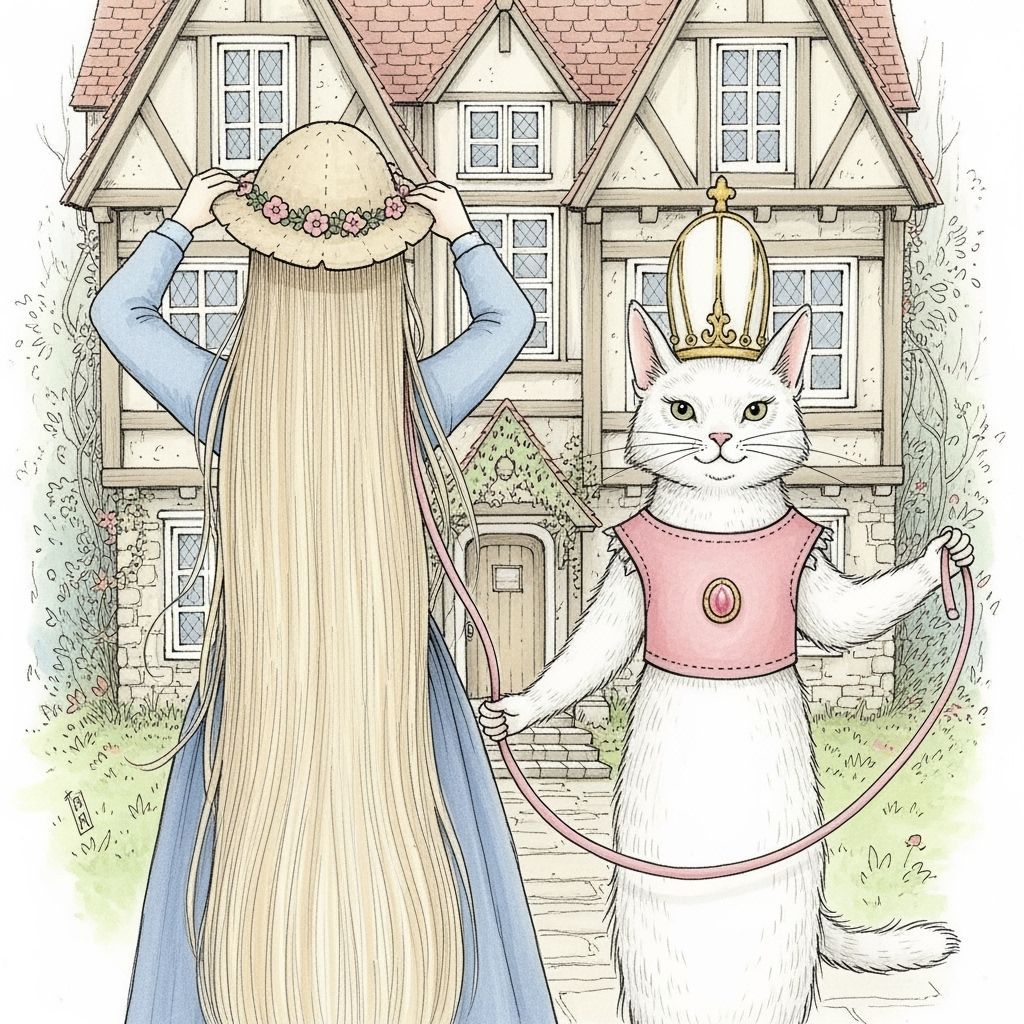 Girl Walking Cat in Beatrix Potter Style