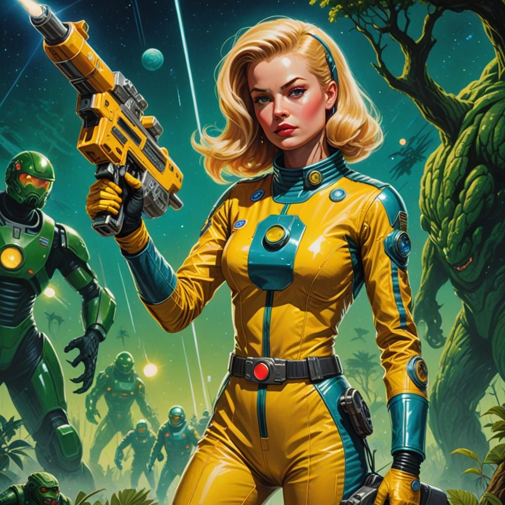 Retro Sci-Fi Space Girl Battles Tree Monsters
