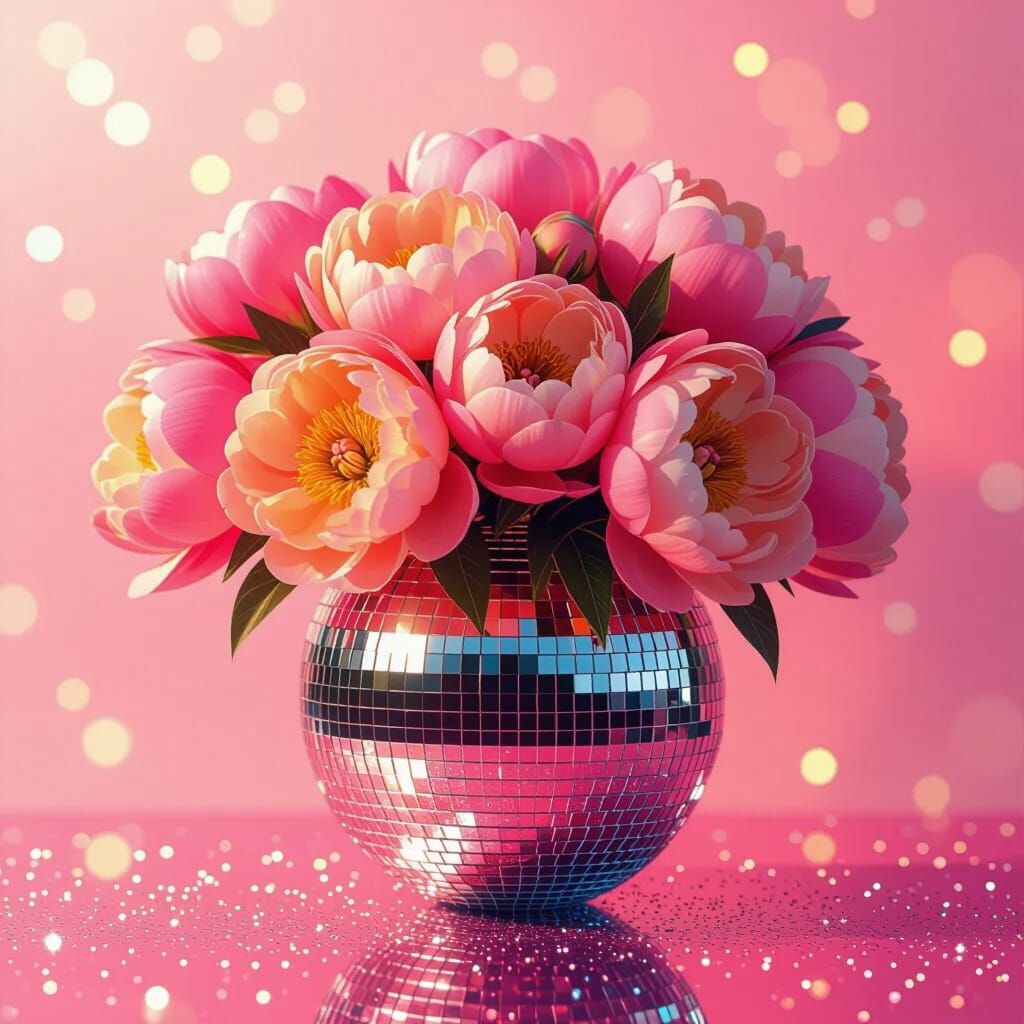 Disco Ball Vase with Peonies in Digital Art Style