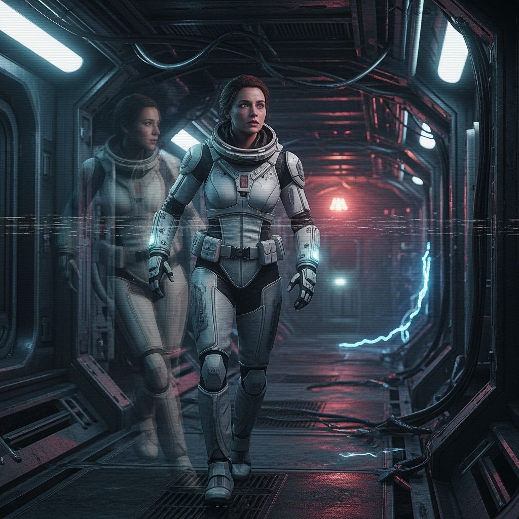 Space Marine Navigating Dark Spaceship Corridor