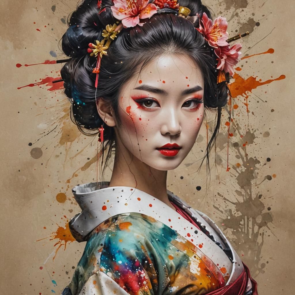 Geisha Splatter Portrait in Alcohol Ink Style