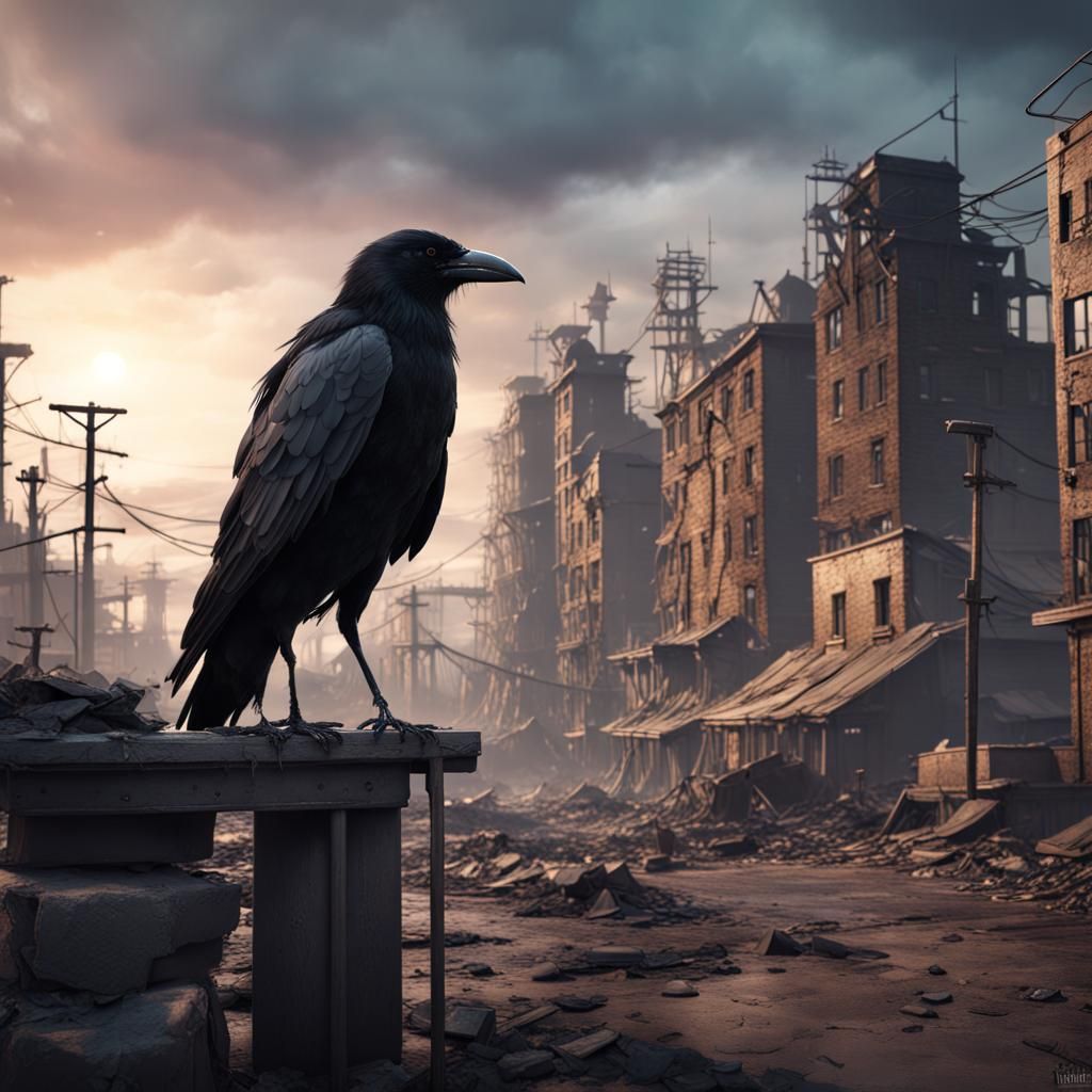Crow in Desolate Wastetown: Detailed Matte Painting