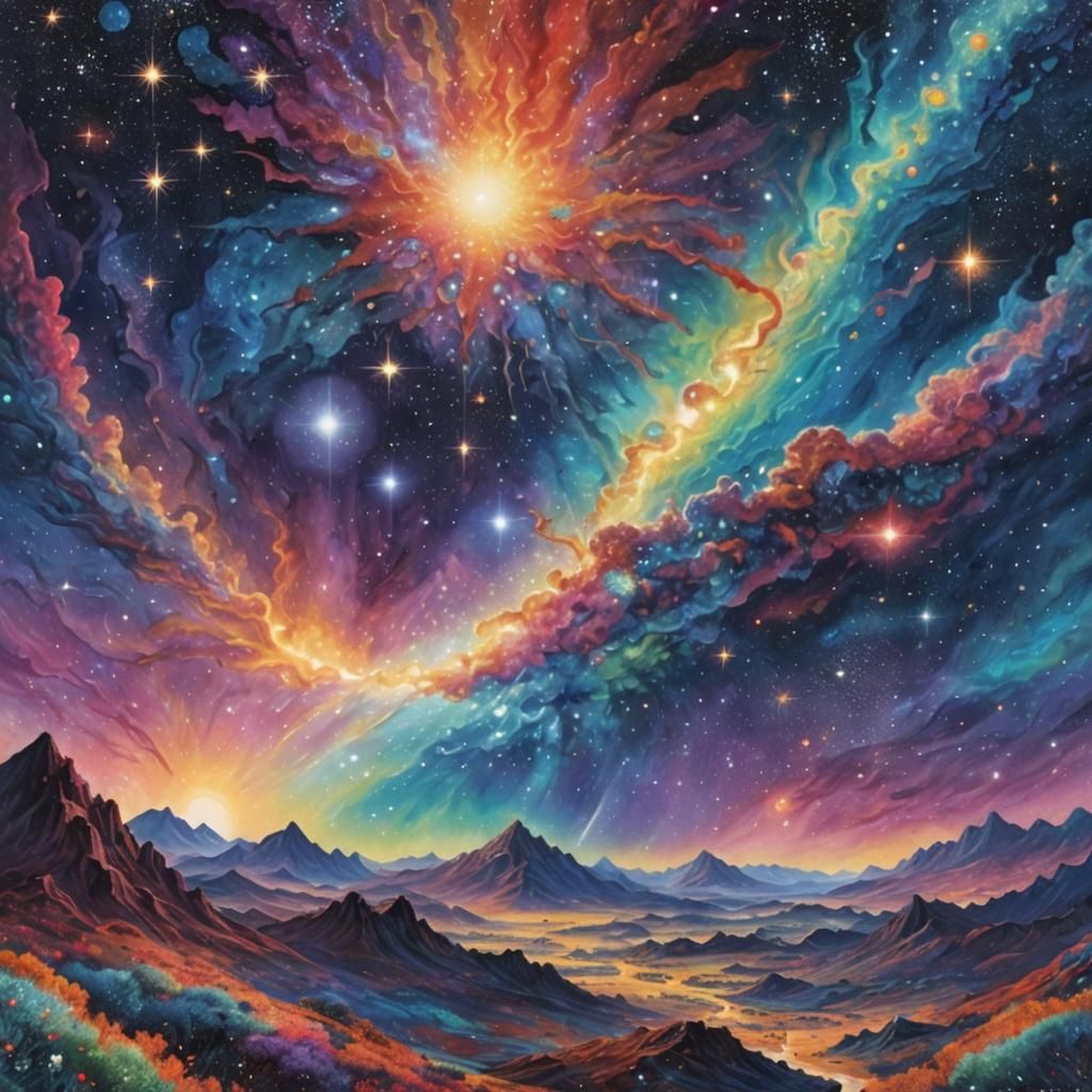 Cosmic Starscape: A Mixed Media Visionary Illustration