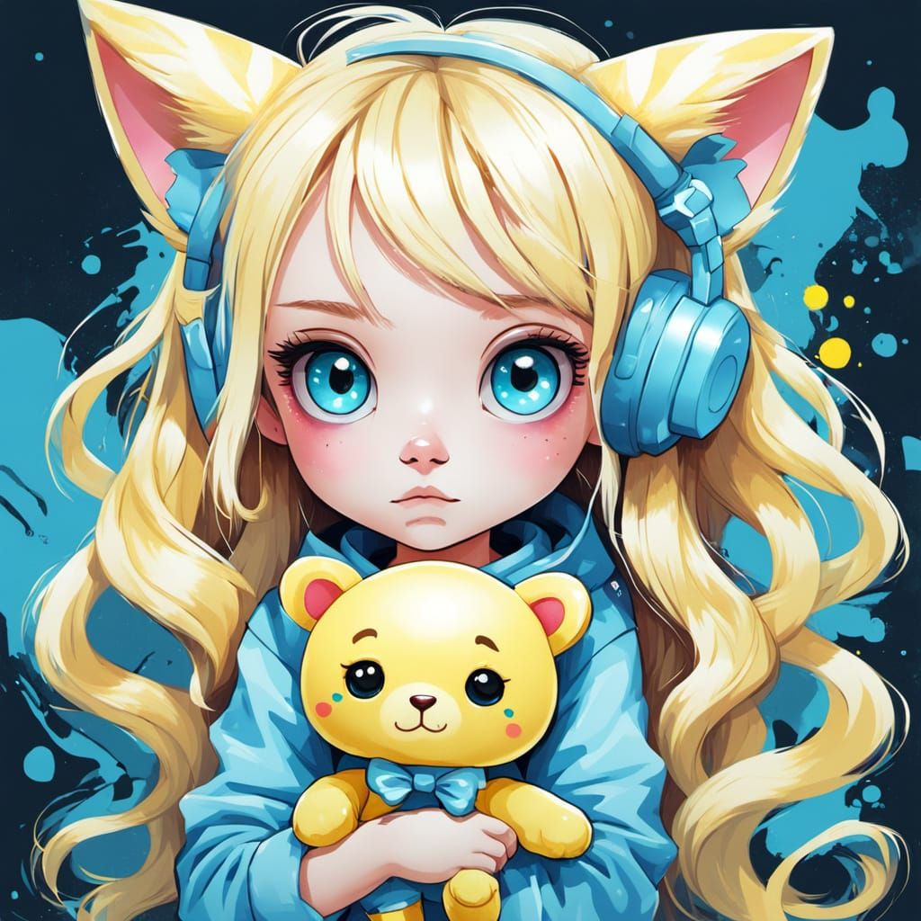 Kawaii Chibi Girl with Animal Ears in Graffiti Style