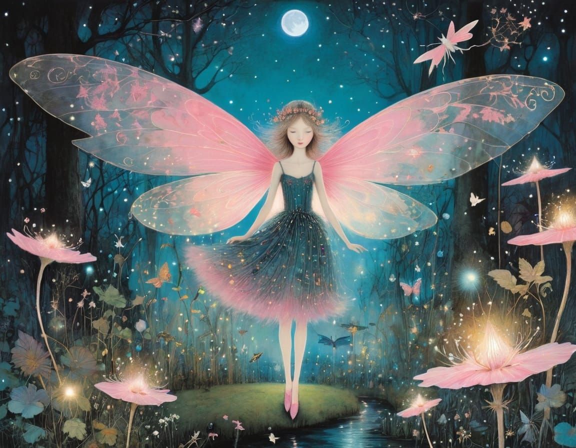 Whimsical Neon Fairies Dance Under Ethereal Night Blooms