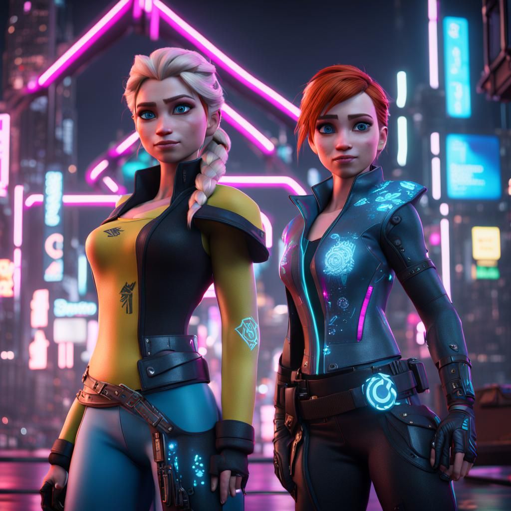 Disney Elsa and Anna in Cyberpunk inspired clothes. 8K resolution Unreal Engine 5