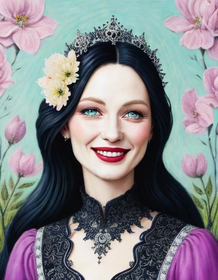 Happy Goth Owlet with Blossoms as Oil Pastel