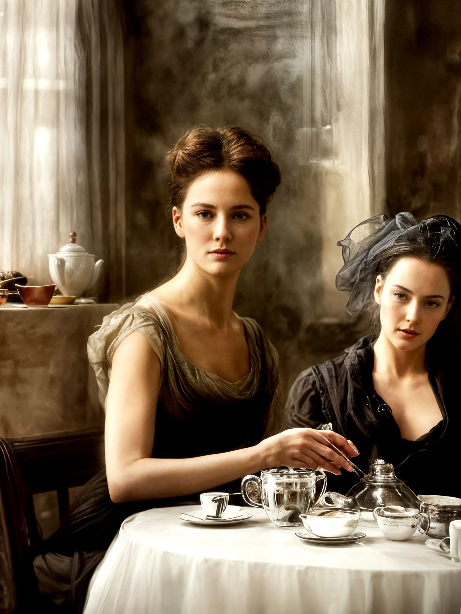 Beautiful Woman Having Tea: Photorealistic Portrait