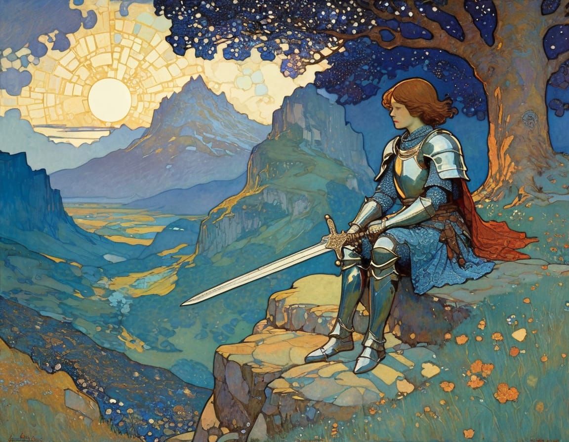 Knight in Thought: Armour, Shield, Sword in Vibrant Art Styl...
