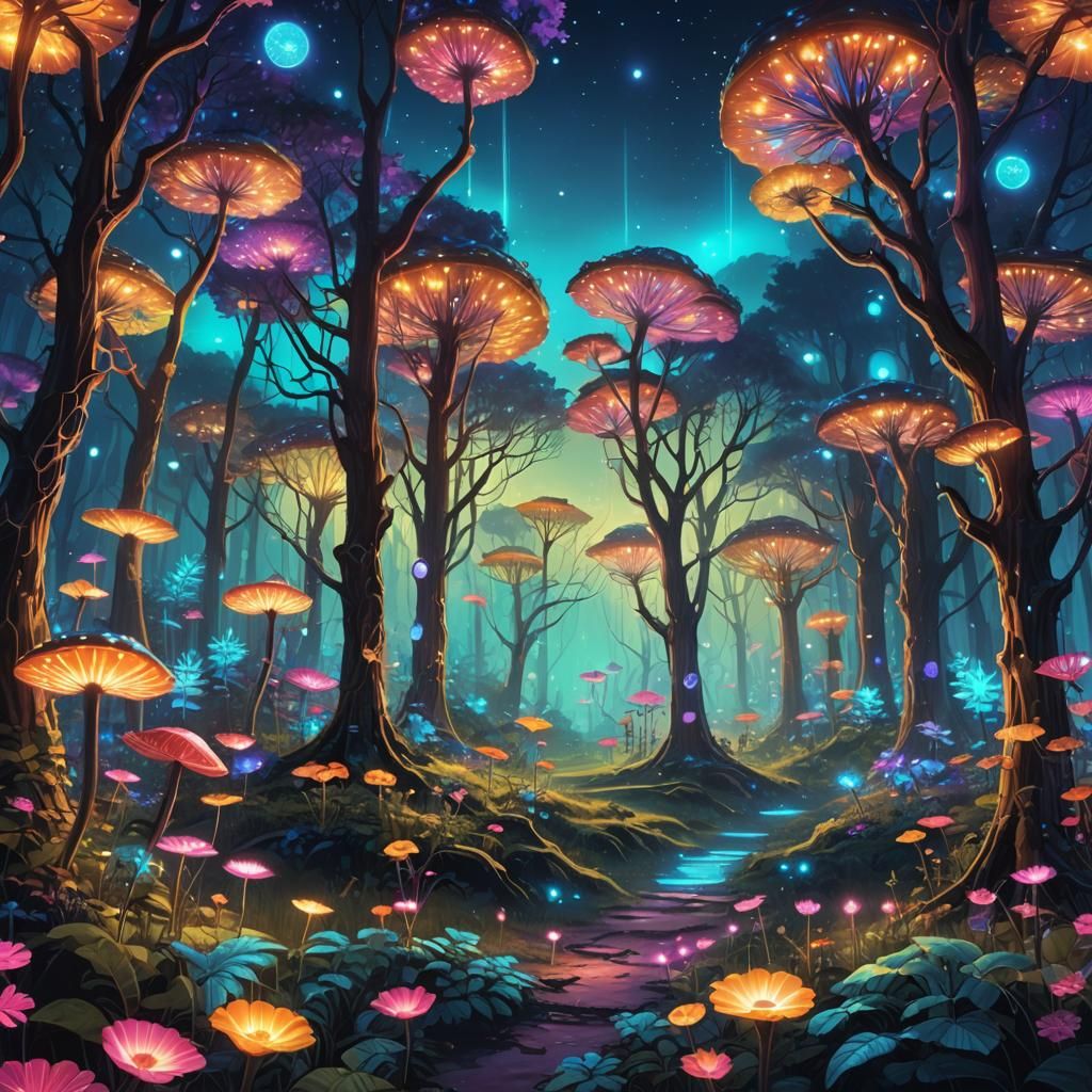 Enchanted Bioluminescent Forest in Synthwave Style