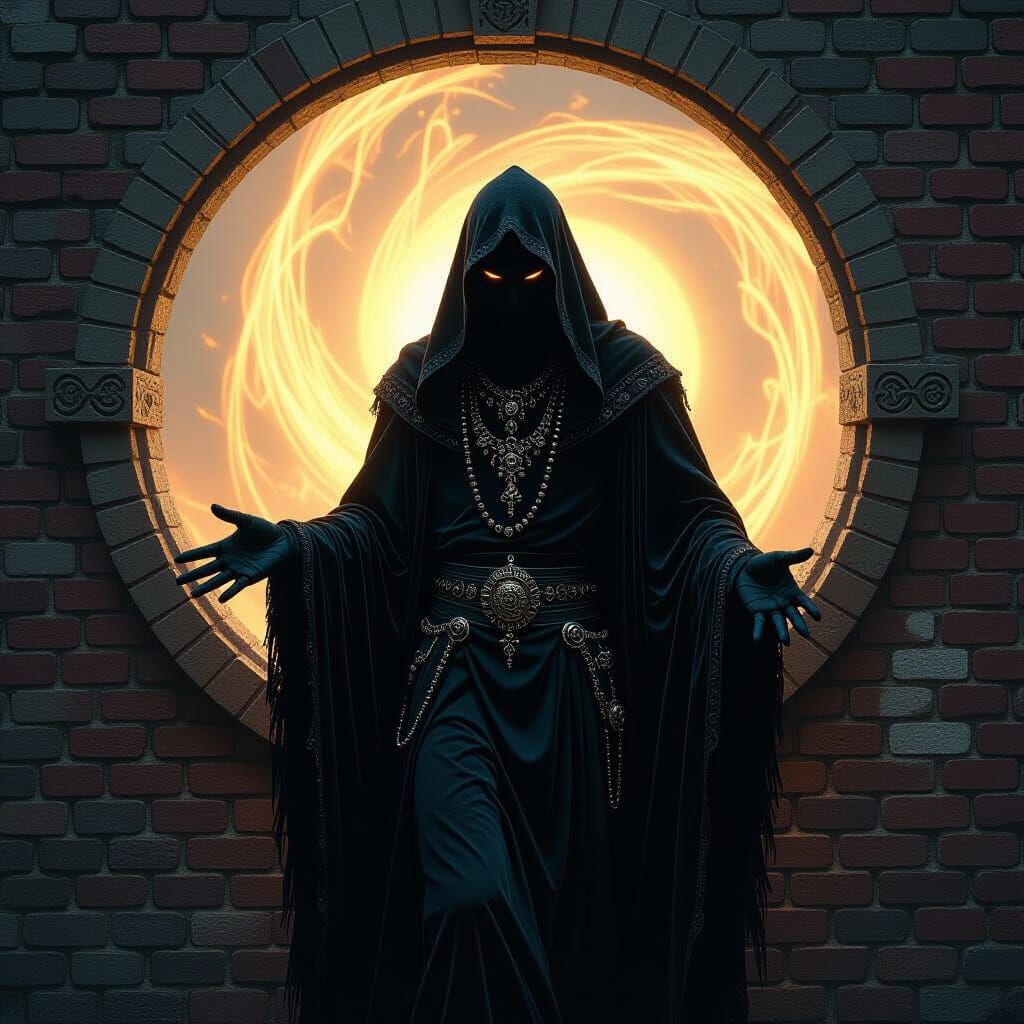 Gothic Figure Emerges from Luminous Portal