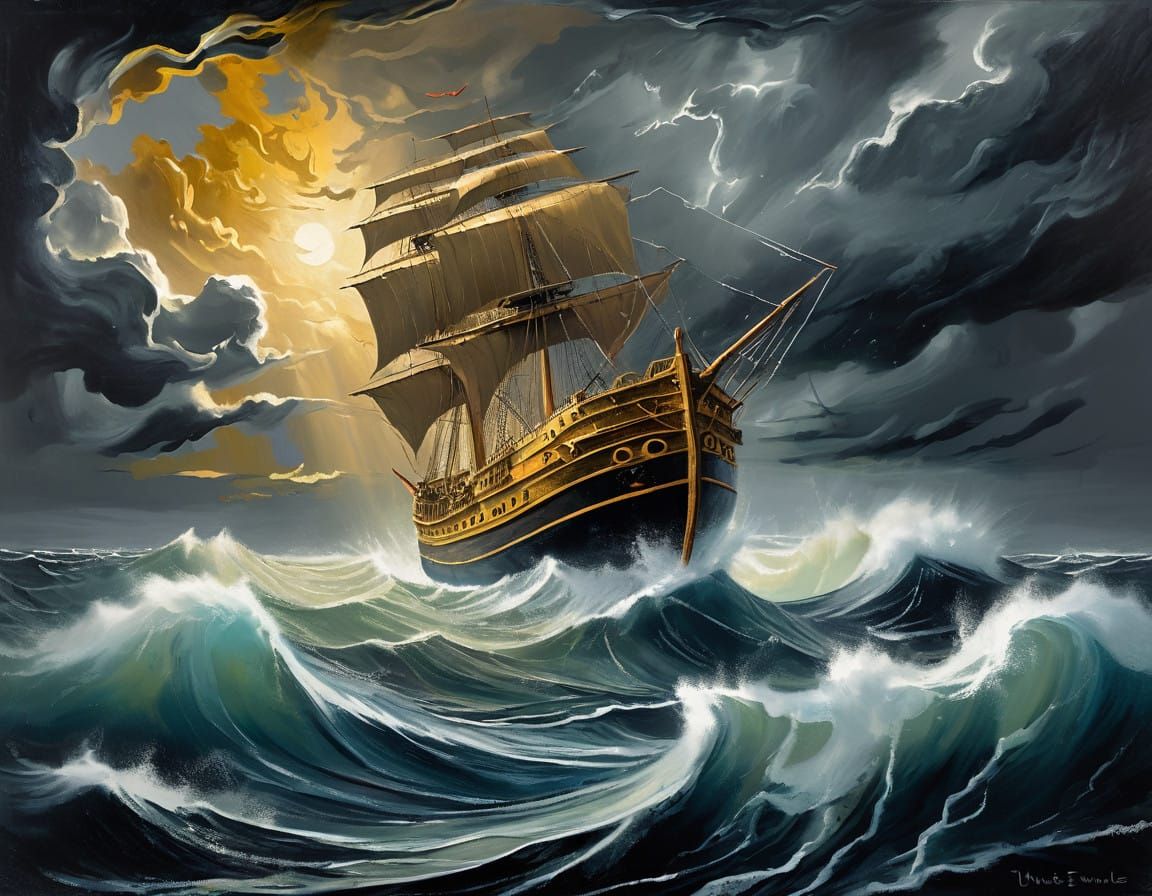 Stormy Surreal Landscape with Biomorphic Forms in Glowing Oi...