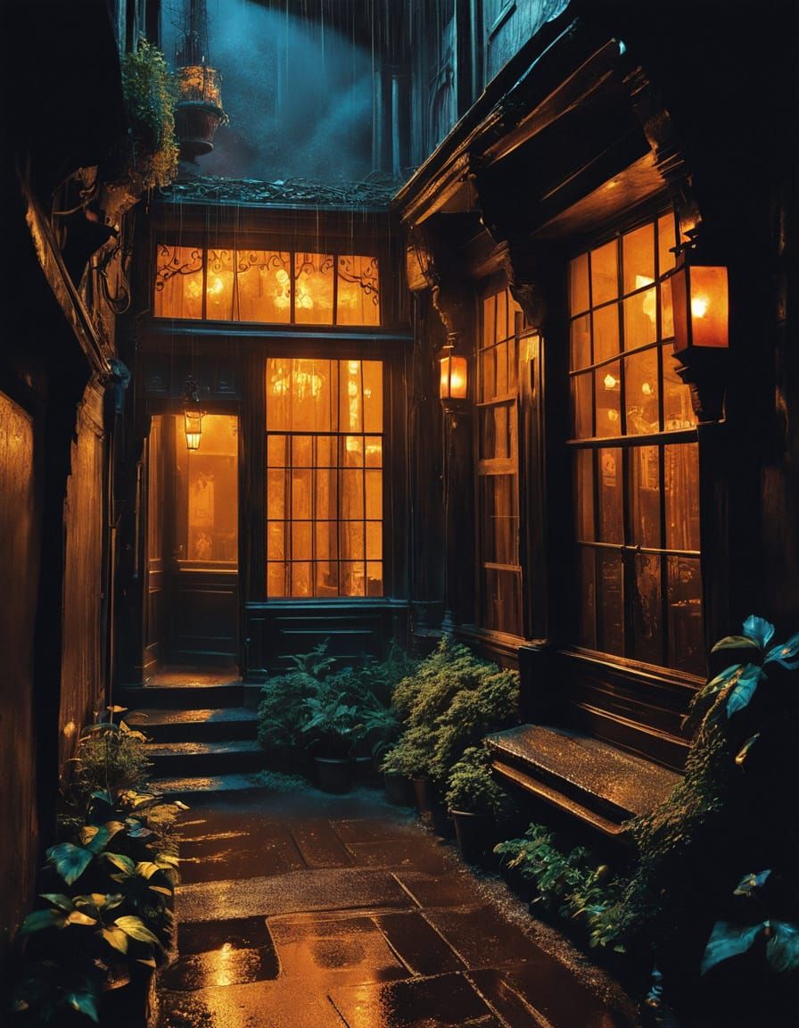 A glowing tavern window on a rainy night