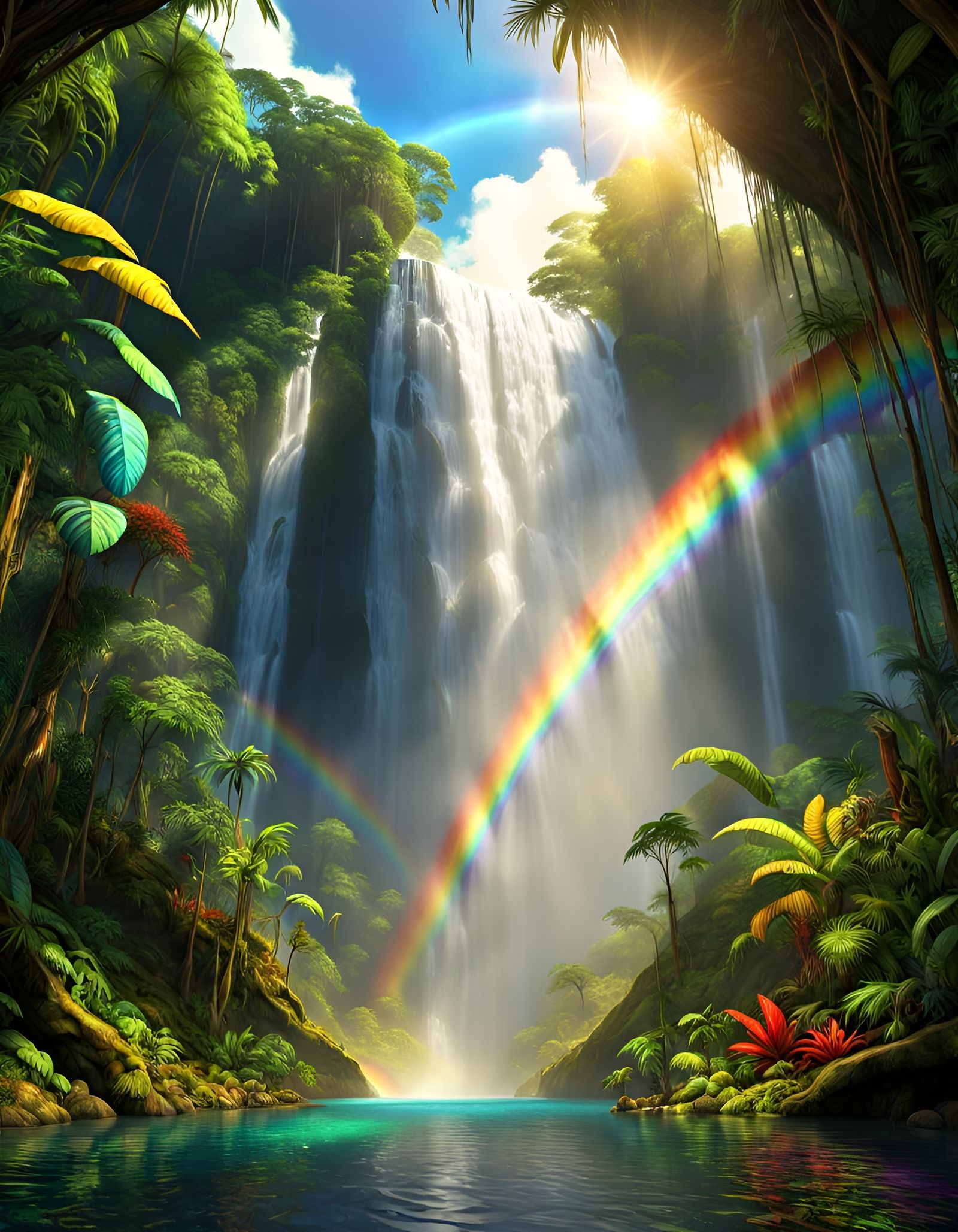 Rainbow Waterfall in Lush Rainforest: Expressionist Panorama