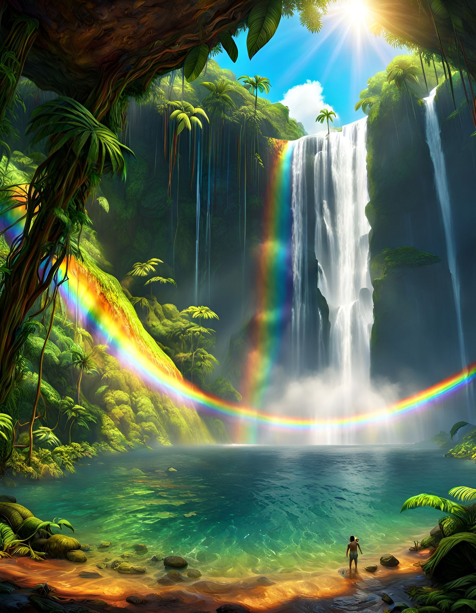 Rainbow Waterfall in Expressionist Rainforest Panorama
