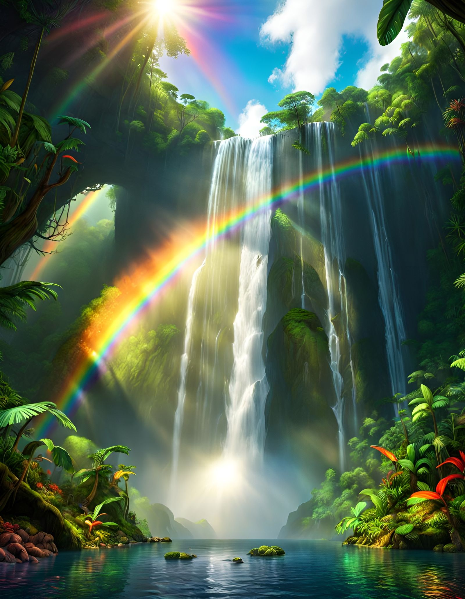 Rainbow Waterfall in Lush Rainforest Panorama