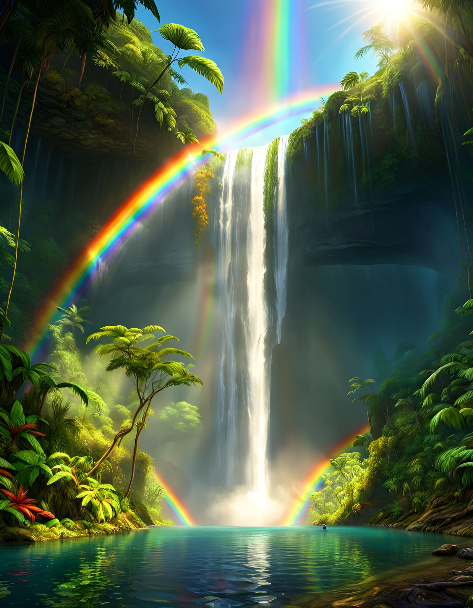 Rainbow Waterfall in Lush Rainforest Panorama