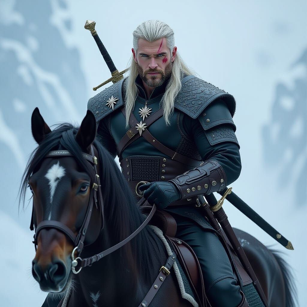 Geralt of Rivia on Roach in Dark Fantasy Style