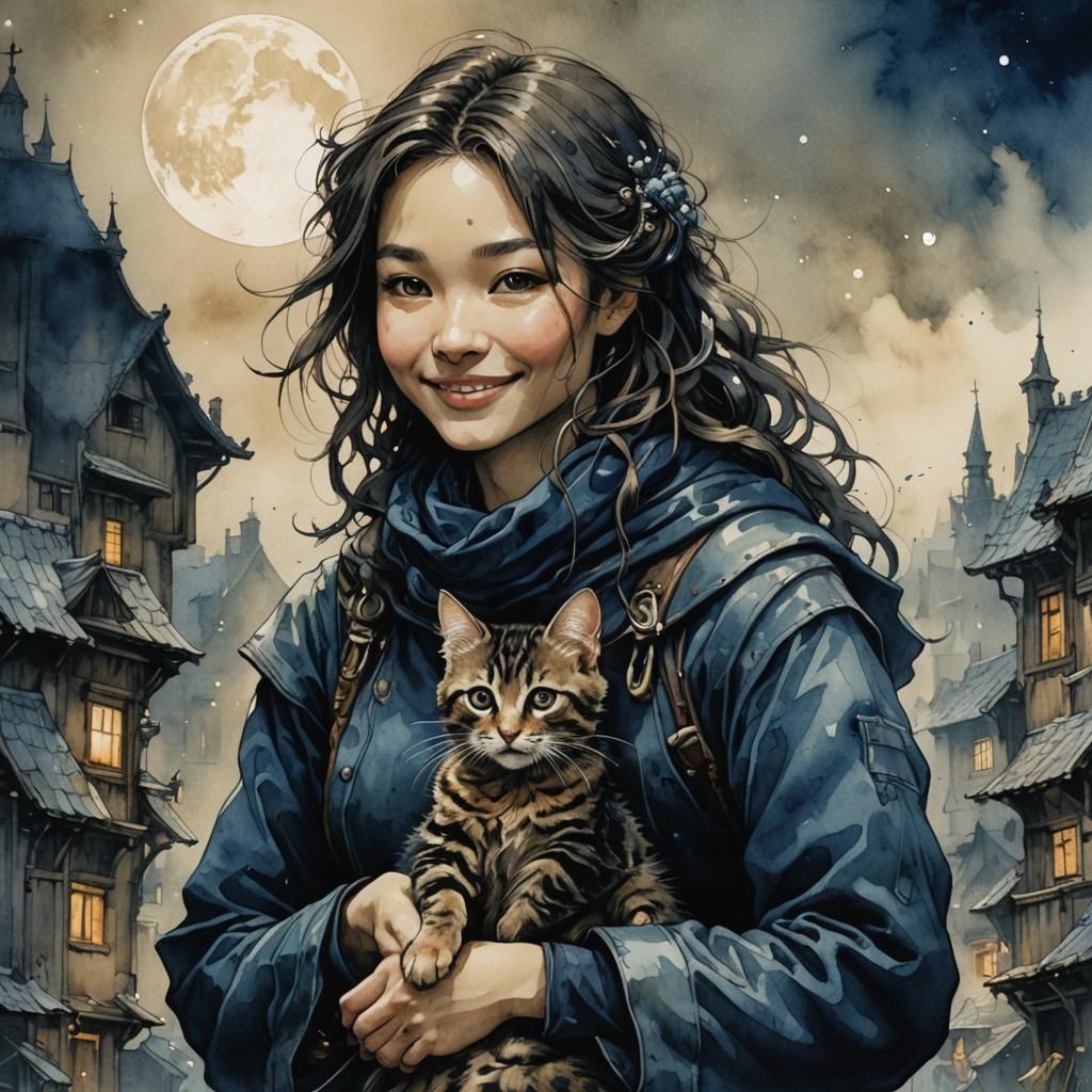 Smiling Woman Holds Kitten, Ink and Watercolor Illustration