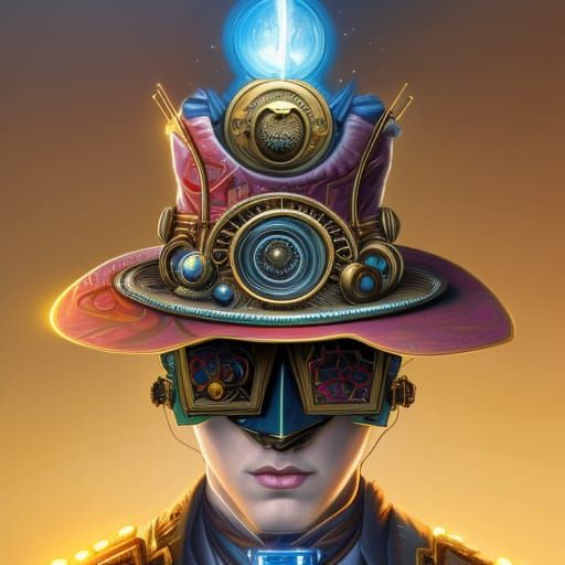 Intricate Magical Wizard Hat Portrait in Steampunk Style