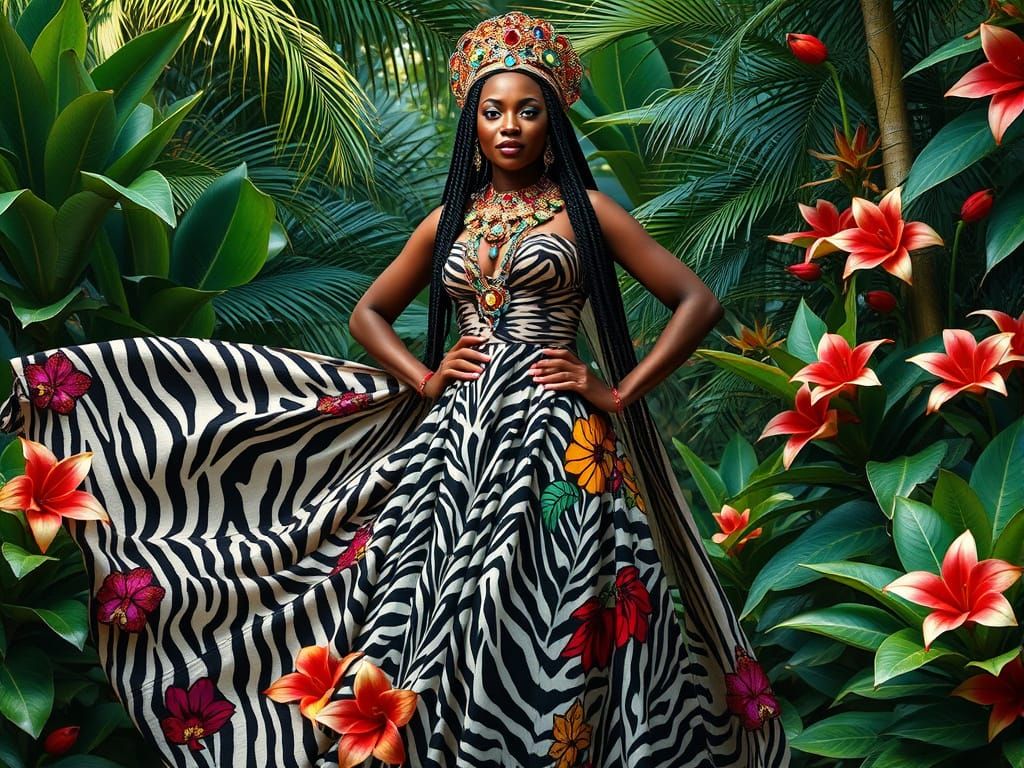 African Princess in Vibrant Zebra Print Regalia